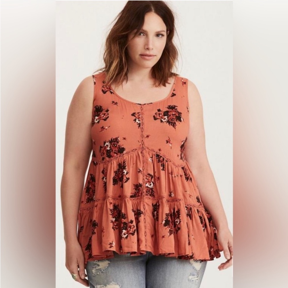 Torrid Baby Doll Sleeveless Tiered Floral Lace Tank Top Orange V-Neck Sz 00/L